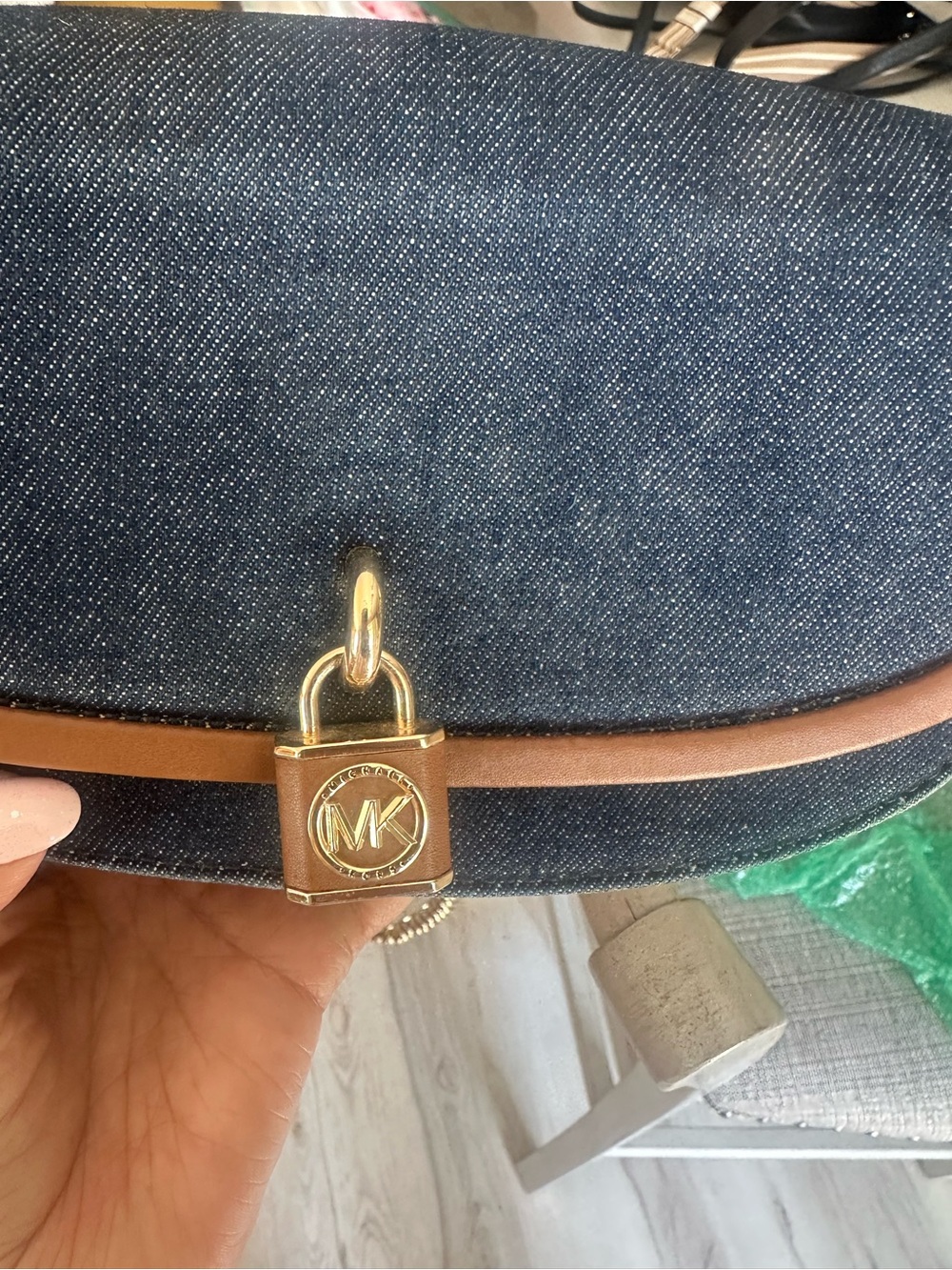 Michael Kors Navy Denim and Brown Leather-Trim Crossbody with Gold Chain - Picture 16 of 16
